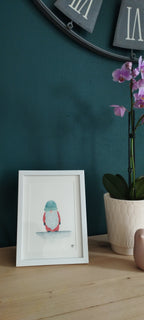 Aquarelle originale Gnome Celadon, bonnet celadon, barbe blanche, encadrée avec passe-partout.